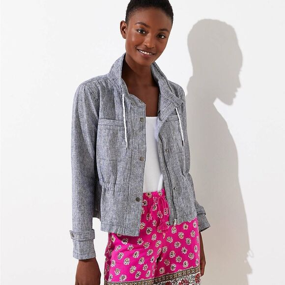 Loft Blue & White Stripe Linen Cotton Blend Cropped Jacket Size Large - Picture 1 of 10